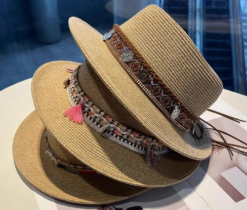 Boho rjav ženski slamnati klobuk za plažo